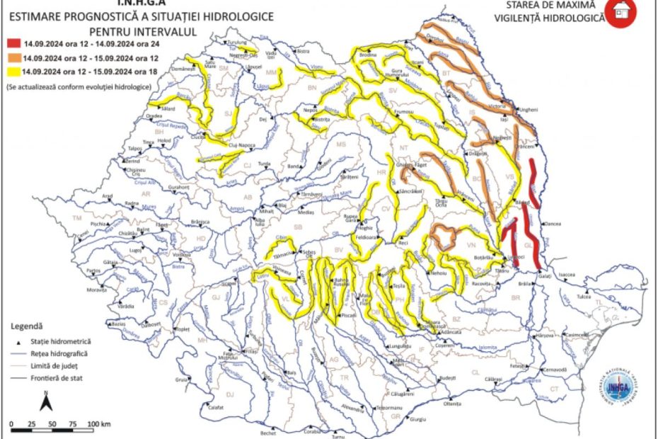 Cod galben şi Cod portocaliu de inundații și viituri. Atenționările sunt valabile până duminică
